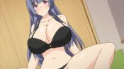 Rule 34 | 1girl, animated, anime screenshot, bedroom, black bra, black lingerie, black panties, blue hair, blush, bouncing breasts, bra, breasts, censored, cleavage, clothed sex, cowgirl position, highres, huge breasts, implied sex, kyonyuu dosukebe gakuen, large breasts, lingerie, long hair, panties, purple eyes, purple hair, screencap, segawa reika, sex, smile, stitched, straddling, tagme, third-party edit, underwear, vaginal, video