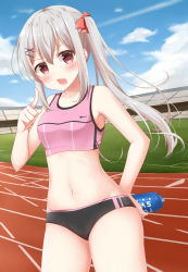 Rule 34 | 1girl, blush, bottle, breasts, cloud, collarbone, cowboy shot, day, grey hair, hair between eyes, hair ornament, hair ribbon, hairclip, hand on own hip, hand up, highres, hip focus, holding, holding bottle, index finger raised, kinakon, looking at viewer, midriff, moe2017, navel, nike (company), open mouth, original, outdoors, pocari sweat, red ribbon, ribbon, side ponytail, sidelocks, small breasts, solo, tank top, thighs, track and field, track uniform, x hair ornament