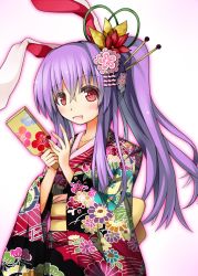 Rule 34 | 10s, 1girl, 2013, animal ears, rabbit ears, female focus, floral print, flower, hagoita, hair flower, hair ornament, highres, hototogisu (hot to gis), japanese clothes, kimono, long hair, new year, obi, open mouth, paddle, ponytail, purple hair, red eyes, reisen udongein inaba, sash, smile, solo, touhou, very long hair