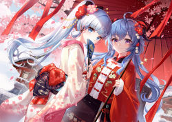 2girls ahoge ayaka_(genshin_impact) blue_eyes blue_hair blunt_bangs branch cherry_blossom_print cherry_blossoms chinese_clothes closed_mouth covering_own_mouth curled_horns falling_petals floating_hair floral_print folding_fan from_side fur-trimmed_sleeves fur_trim ganyu_(genshin_impact) genshin_impact hair_ornament hair_ribbon hand_fan highres holding holding_fan holding_umbrella horns japanese_clothes kimono lalazyt light_blue_hair looking_at_viewer multiple_girls obi petals ponytail purple_eyes ribbon sash sidelocks snow tress_ribbon twintails umbrella