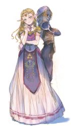Rule 34 | 2girls, artist request, blonde hair, circlet, crossed arms, dual persona, elbow gloves, gloves, green eyes, light smile, long hair, looking at viewer, multiple girls, nintendo, pointy ears, princess zelda, profile, sheik, simple background, standing, the legend of zelda, the legend of zelda: ocarina of time, white background