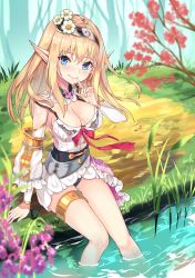 Rule 34 | 1girl, bad id, bad pixiv id, bare shoulders, blonde hair, blue eyes, breasts, cleavage, commentary request, dress, elf, flower, hair flower, hair ornament, highres, large breasts, long hair, looking at viewer, mayoichi, on ground, original, outdoors, pink flower, pointy ears, purple flower, sitting, smile, tree, water, white dress, white flower