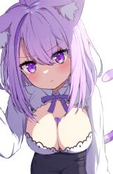 Rule 34 | 1girl, absurdres, animal ear fluff, animal ears, blush, breasts, cat ears, cat girl, cat tail, chest tattoo, cleavage, cleavage cutout, clothing cutout, heart, heart on chest, heart tattoo, highres, hololive, large breasts, leaning forward, long hair, long sleeves, looking at viewer, multicolored hair, nekomata okayu, nekomata okayu (wonderland), official alternate costume, pout, purple eyes, purple hair, shirt, simple background, solo, streaked hair, swept bangs, tail, tarakore sauce, tattoo, virtual youtuber, white background, white shirt