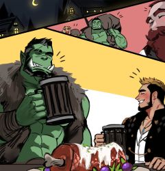 Rule 34 | 2boys, abs, bara, beard, beer mug, blush, celebration, colored skin, couple, cup, dopey (dopq), facial hair, fangs, fantasy, food, green skin, grey hair, highres, interspecies, jewelry, male focus, mature male, meat, monster boy, mug, multicolored hair, multiple boys, muscular, muscular male, necklace, orc, original, paid reward available, scar, scar across eye, scar on face, scar on nose, short hair, size difference, stomach, streaked hair, thick eyebrows, warrior
