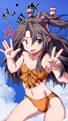 Rule 34 | 1girl, 547th sy, absurdres, anniversary, bikini, blue sky, breasts, brown eyes, brown hair, cloud, commentary request, contrapposto, cowboy shot, hachimaki, headband, high ponytail, highres, kantai collection, long hair, looking at viewer, orange bikini, sky, small breasts, solo, standing, swimsuit, v, zuihou (kancolle)
