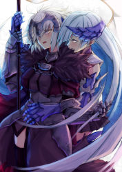 Rule 34 | 2girls, blue hair, blush, brynhildr (fate), chain, commentary request, fate/grand order, fate (series), flag, flagpole, fur trim, gauntlets, hair over one eye, headpiece, holding, holding flag, hug, hug from behind, jeanne d&#039;arc (fate), jeanne d&#039;arc alter (avenger) (fate), jeanne d&#039;arc alter (fate), long hair, looking at another, multiple girls, open mouth, thighhighs, very long hair, white hair, yellow eyes, yude, yuri