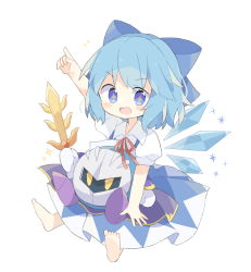Rule 34 | 1boy, 1girl, :d, armor, blue bow, blue dress, blue eyes, blue hair, bow, chibi, cirno, collared shirt, detached wings, diamond (shape), dress, feet, galaxia (sword), gloves, hair ornament, hand up, highres, kirby (series), looking at viewer, mask, meta knight, multicolored hair, nanagi, nintendo, open mouth, pointing, pointing up, purple footwear, red ribbon, ribbon, shirt, short hair, shoulder armor, simple background, smile, solo, sparkle, sparkling eyes, streaked hair, sword, touhou, weapon, white background, white gloves, white shirt, wings, yellow eyes