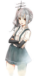 Rule 34 | 10s, 1girl, arm warmers, bow, cowboy shot, cropped legs, crossed arms, dress shirt, green bow, grey hair, hair bow, highres, kantai collection, kasumi (kancolle), keionism, long hair, miniskirt, open mouth, orange eyes, pleated skirt, school uniform, shirt, short sleeves, side ponytail, sidelocks, simple background, skirt, solo, suspenders, white background, white shirt