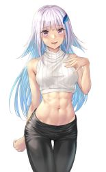Rule 34 | 1girl, abs, bare shoulders, black pants, blue hair, blunt bangs, blush, breasts, colored inner hair, commentary request, commission, cowboy shot, crop top, hair ornament, highres, kokuzou, lize helesta, looking at viewer, medium breasts, multicolored hair, navel, nijisanji, open mouth, pants, purple eyes, simple background, skeb commission, sleeveless, sleeveless sweater, smile, solo, sweater, thigh gap, toned, two-tone hair, virtual youtuber, white background, white hair, white sweater