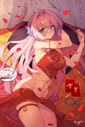 Rule 34 | 1girl, absurdres, armlet, blue eyes, breasts, card, chinese clothes, dudou, english text, falling petals, fingernails, gills, highres, large breasts, lc angel, looking at viewer, midriff, navel, original, petals, pink hair, solo, virtual youtuber