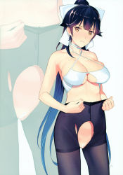 Rule 34 | 1girl, absurdres, azur lane, bar censor, bikini, bikini top only, black hair, blush, bow, breasts, brown eyes, censored, closed mouth, clothes pull, cowboy shot, criss-cross halter, dressing, frown, full-face blush, hair bow, halterneck, highres, large breasts, long hair, looking at viewer, mibu natsuki, navel, no panties, non-web source, page number, pantyhose, pantyhose pull, purple pantyhose, pussy, scan, skindentation, solo, standing, sweatdrop, swimsuit, takao (azur lane), torn clothes, torn pantyhose, very long hair, white bikini, white bow, zoom layer