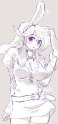 Rule 34 | 1girl, animal ears, belt, blush, breasts, rabbit ears, cleavage, elf, gender request, genderswap, hat, large breasts, link, long hair, long image, monochrome, nintendo, pink eyes, pointy ears, solo, spot color, tall image, the legend of zelda, the legend of zelda: a link to the past, thighhighs, yajiro masaru