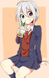 Rule 34 | 1girl, ahoge, arm at side, arm support, arm up, black jacket, black skirt, black socks, blush, collared shirt, commentary request, cup, formal, frappuccino, grey hair, grin, hair between eyes, hair ornament, hairclip, highres, holding, holding cup, jacket, jewelry, kneehighs, long sleeves, necklace, necktie, original, pleated skirt, red necktie, red vest, roku kyuu, shirt, short hair, sitting, sketch, skirt, smile, socks, solo, suit, teeth, vest, white shirt, wing collar