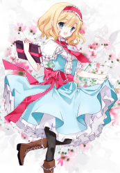 Rule 34 | 1girl, alice margatroid, bad id, bad pixiv id, black pantyhose, blonde hair, blue eyes, book, boots, capelet, cierra (ra-bit), cross-laced footwear, dress, flower, hairband, lace-up boots, open mouth, pantyhose, ra-bit, ribbon, sash, short hair, smile, solo, touhou