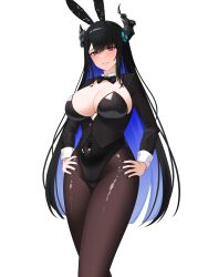 Rule 34 | 1girl, absurdres, animal ears, black bow, black bowtie, black hair, black leotard, bow, bowtie, breasts, covered navel, curvy, demon horns, detached collar, drey525, fake animal ears, hands on own hips, highleg, highleg leotard, highres, hololive, hololive english, horns, large breasts, leotard, mole, mole under eye, nerissa ravencroft, pantyhose, playboy bunny, rabbit ears, red eyes, simple background, solo, virtual youtuber, white background