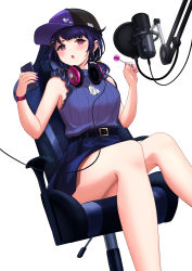 Rule 34 | 1girl, :o, absurdres, bare arms, bare shoulders, baseball cap, belt, belt buckle, black belt, black hat, blue hair, blue shirt, blue skirt, blush, breasts, buckle, cable, candy, cellphone, chair, commentary request, dog tags, dutch angle, ear piercing, earrings, food, frilled shirt, frills, hair ornament, hair ribbon, hairclip, hat, head tilt, headphones, headphones around neck, high-waist skirt, highres, holding, holding candy, holding food, holding phone, jewelry, legs, lollipop, looking at viewer, low twintails, medium breasts, medium hair, microphone, mole, mole under eye, nail polish, original, phone, piercing, purple eyes, purple hat, purple nails, ribbon, shirt, sidelocks, simple background, sitting, skirt, sleeveless, sleeveless shirt, smartphone, solo, striped clothes, striped shirt, stud earrings, studio microphone, swept bangs, twintails, vertical-striped clothes, vertical-striped shirt, watch, white background, wristwatch, yatumeshinoa, yellow ribbon