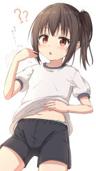 Rule 34 | 1girl, ?, ??, absurdres, black hair, black shorts, blue panties, brown eyes, commentary request, gym shirt, gym shorts, gym uniform, highres, lifted by self, navel, original, panties, panties under shorts, shirt, short shorts, shorts, side ponytail, simple background, solo, takasuma hiro, translation request, underwear, white background, white shirt