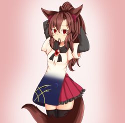Rule 34 | 1girl, adapted costume, adjusting hair, bad id, bad pixiv id, brown hair, commentary request, frilled skirt, frills, haruirokomici, imaizumi kagerou, long hair, long sleeves, moon print, mouth hold, red eyes, shirt, short sleeves, skirt, speech bubble, tail, thighhighs, touhou, wheat print, wolf tail, zettai ryouiki