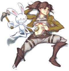 Rule 34 | 1girl, artist request, breasts, rabbit, clenched teeth, crossover, drawfag, hammer, highres, max (sam &amp; max), potato, potato-chan, sam &amp; max, sasha blouse, shingeki no kyojin, simple background, teeth, torn clothes, twintails, underboob, what, white background