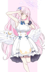 Rule 34 | 1girl, armpits, blue archive, blue bow, blue bowtie, blue ribbon, blush, bow, bowtie, breasts, capelet, closed mouth, commentary, dress, feathered wings, finger frame, flower, hair bun, hair flower, hair ornament, halo, highres, large breasts, long hair, low wings, mika (blue archive), pink hair, purple halo, ribbon, scrunchie, single hair bun, sleeveless, sleeveless dress, solo, standing, standing on one leg, tongue, tongue out, very long hair, white capelet, white dress, white wings, wings, wrist scrunchie, yellow eyes, zuki (user mzpz5848)