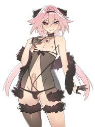 Rule 34 | 1boy, :&gt;, astolfo (fate), babydoll, bell, black babydoll, black panties, black thighhighs, collar, crossdressing, erection, fate/apocrypha, fate (series), flat chest, fur trim, gloves, highres, lingerie, male focus, mokotoko9, multicolored hair, neck bell, nipples, panties, penis, pink hair, purple eyes, see-through babydoll, simple background, single thighhigh, smile, solo, streaked hair, thighhighs, thighlet, trap, underwear