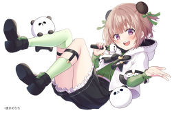 Rule 34 | 1girl, :d, animal, asymmetrical legwear, black footwear, black skirt, bow, brown hair, commentary request, copyright notice, double bun, eyebrows hidden by hair, frilled skirt, frills, full body, green bow, green shirt, green socks, hair bow, hair bun, harvest moon (vtuber), hood, hood down, hooded jacket, jacket, long sleeves, looking at viewer, minamoto mamechichi, official art, open mouth, over-kneehighs, panda, purple eyes, ribbed shirt, ribbon-trimmed hood, ribbon trim, shirt, shoe soles, shoes, simple background, single over-kneehigh, single sock, single thighhigh, skirt, smile, socks, solo, thighhighs, tsukinowa noa, two side up, virtual youtuber, white background, white jacket