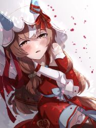 Rule 34 | 1girl, animal ears, blush, breasts, brown hair, detached sleeves, hair between eyes, hair ornament, highres, horse ears, horse girl, horse tail, looking at viewer, lying, okapun, on side, open mouth, petals, reaching, reaching towards viewer, red eyes, solo, still in love (umamusume), tail, thighhighs, umamusume, veil, white background