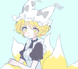 Rule 34 | 1girl, alternate costume, animal hat, apron, artist name, black dress, blue background, blush, commentary request, dress, enmaided, fox tail, hat, highres, m (m073111), maid, mob cap, multiple tails, open mouth, short hair, short sleeves, solo, tail, tassel, touhou, upper body, white hat, yakumo ran, yellow eyes