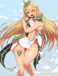 Rule 34 | 1girl, absurdres, blonde hair, blush, breasts, breasts out, convenient arm, covering privates, covering breasts, highres, large breasts, long hair, mythra (xenoblade), open mouth, solo, thighs, torn clothes