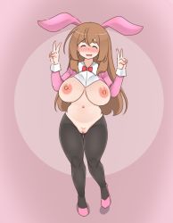 Rule 34 | 1girl, animal ears, blush, breasts, censored, cleavage, closed eyes, double v, hair between eyes, hands up, highres, huge breasts, kaz (shade), large breasts, long hair, makihara nodoka, meme attire, mosaic censoring, open mouth, pussy, rabbit ears, reverse bunnysuit, reverse outfit, smile, thick eyebrows, v