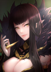 Rule 34 | 1girl, bare shoulders, black dress, black hair, breasts, cleavage, detached sleeves, dress, fate/apocrypha, fate/grand order, fate (series), fei er, fur trim, highres, jewelry, large breasts, long hair, looking at viewer, necklace, pointy ears, semiramis (fate), solo, spikes, very long hair, yellow eyes