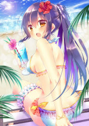 Rule 34 | 1girl, arm support, bad id, bad pixiv id, beach, bikini, blush, bracelet, day, drink, flower, frilled bikini, frills, gradient hair, hair flower, hair ornament, hibiscus, highres, jewelry, lens flare, long hair, looking at viewer, looking back, multicolored hair, open mouth, orange eyes, original, ponytail, purple hair, saijou yukina, sitting, solo, sun, swimsuit