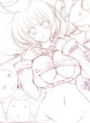 Rule 34 | 1girl, breasts squeezed together, breasts, covered erect nipples, hunter, hunter (ragnarok online), kawase seiki, large breasts, monochrome, ragnarok online, sketch, solo, underboob