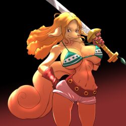 Rule 34 | 1girl, animal ears, bare legs, bikini, bikini top only, blonde hair, breasts, covered erect nipples, curvy, dog girl, female focus, furry, furry female, hand on own hip, highres, holding, holding sword, holding weapon, large breasts, long hair, looking at viewer, magmaxox, navel, one piece, short shorts, shorts, simple background, smile, solo, standing, swimsuit, sword, tail, wanda (one piece), weapon, wide hips