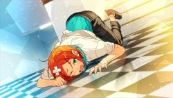 10s 1boy aoi_yuta bandaid blush checkered_floor dutch_angle ensemble_stars! green_eyes headphones headphones_around_neck looking_at_viewer male_focus official_art one_eye_closed open_mouth orange_hair solo sparkle tearing_up top-down_bottom-up