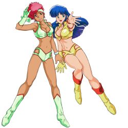 Rule 34 | 2girls, armlet, arms up, blue eyes, blue hair, boots, bracelet, breasts, cleavage, cropped jacket, dark-skinned female, dark skin, dirty pair, earrings, full body, gloves, headband, jewelry, kei (dirty pair), long hair, looking at viewer, medium breasts, multiple girls, navel, non-web source, official art, open mouth, outstretched arm, photoshop (medium), red eyes, red hair, short hair, simple background, single glove, sleeveless, sleeveless jacket, white background, yuri (dirty pair)