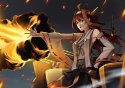 Rule 34 | &gt;:d, 10s, 1girl, :d, absurdres, ahoge, blue eyes, brown hair, detached sleeves, embers, explosion, fire, highres, kantai collection, kongou (kancolle), looking away, mk, nontraditional miko, open mouth, outstretched arm, rigging, smile, smoke, solo, turret, v-shaped eyebrows, watermark, web address