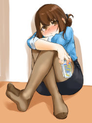 Rule 34 | 1girl, beer can, blush, borrowed character, brown eyes, brown hair, can, crossed legs, douki-chan (douki-chan), drink can, fukuinu, ganbare douki-chan, highres, holding, legs up, no shoes, office lady, pantyhose, pout, simple background, sitting, soles