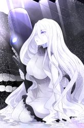 Rule 34 | 10s, 1girl, abyssal ship, arano oki, breasts, dress, female focus, grey eyes, highres, kantai collection, large breasts, long hair, open mouth, sitting, sleeveless, sleeveless dress, solo, submarine princess, very long hair, white dress, white hair