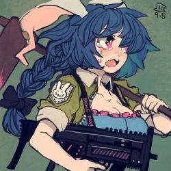 Rule 34 | 1girl, alternate costume, animal ears, animal print, artist logo, black bow, blue dress, blue hair, bow, braid, breasts, cleavage, clothes writing, commentary request, crying, crying with eyes open, dated, dress, earclip, green background, green jacket, gun, hair bow, hammer, holding, holding gun, holding hammer, holding weapon, insignia, jacket, kine, long hair, maaru (akira428), mallet, medium breasts, one-hour drawing challenge, purple eyes, rabbit ears, rabbit print, runny nose, seiran (touhou), sleeves rolled up, snot, solo, tears, touhou, twin braids, upper body, wavy eyes, wavy mouth, weapon