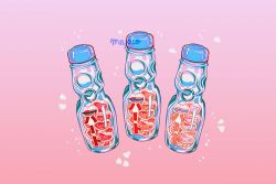 Rule 34 | artist name, bottle, drink, gradient background, heart, meyoco, no humans, original, pink background, pink theme, ramune