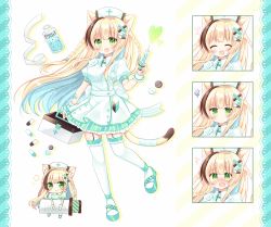 Rule 34 | 1girl, :d, ^^^, ^ ^, animal ears, bandaged tail, blonde hair, blue hair, blush, bottle, braid, breasts, brown hair, cat ears, cat girl, cat tail, closed eyes, closed mouth, collared shirt, commentary request, expressions, first aid kit, frilled thighhighs, frills, garter straps, green eyes, green footwear, green skirt, hair ornament, hairclip, hat, highres, holding, holding syringe, long hair, medium breasts, multicolored hair, multiple views, nose blush, nurse, nurse cap, open mouth, original, pill, pill hair ornament, shikito (yawa0w0), shirt, shoes, skirt, smile, squiggle, standing, standing on one leg, streaked hair, striped clothes, striped skirt, syringe, tail, thighhighs, twin braids, two-tone hair, vertical-striped clothes, vertical-striped skirt, very long hair, white headwear, white shirt, white thighhighs, x hair ornament