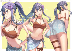 Rule 34 | 1girl, bare arms, bare shoulders, bikini, blue eyes, blue hair, blue sarong, blush, breasts, brown bikini, butt crack, cleavage, collarbone, duplicate, flower, gotland (kancolle), hair between eyes, hair flower, hair ornament, jewelry, kantai collection, long hair, medium breasts, mole, mole under eye, multiple views, navel, necklace, one eye closed, open mouth, purple flower, sarong, smile, sparkle, swimsuit, tantaka, twitter username