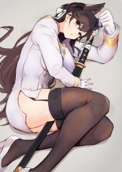 Rule 34 | 1girl, animal ears, atago (azur lane), azur lane, breasts, brown hair, brown thighhighs, buttons, double-breasted, garter straps, gloves, high heels, highres, jacket, large breasts, long hair, lying, marshall k, on side, pencil skirt, shoes, skin tight, skindentation, skirt, thighhighs, white footwear, white gloves, white jacket, white skirt