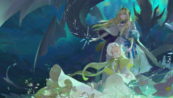 Rule 34 | 2girls, absurdres, alchemy stars, antiquewhite, aurora, bethlehem (alchemy stars), blonde hair, blue eyes, cape, capelet, closed eyes, commentary request, dragon, dress, flower, fur-trimmed cape, fur trim, headpiece, highres, holding hands, ice, long dress, long hair, looking at viewer, multiple girls, nikinis (alchemy stars), official art, open mouth, outdoors, outstretched arm, parted lips, sitting, sleeveless, sleeveless dress, smile, standing, star (sky), white dress, wind