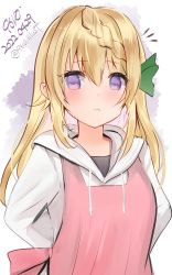 Rule 34 | 1girl, 9610 (kuroto), absurdres, alternate hairstyle, apron, artist name, blonde hair, braid, braided bun, commentary request, dated, hair bun, highres, hood, hooded sweater, hoodie, kantai collection, long hair, official alternate costume, one-hour drawing challenge, perth (kancolle), pink apron, purple eyes, solo, sweater, white sweater