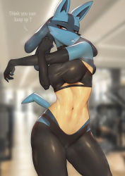 Rule 34 | 1girl, bare shoulders, black gloves, black legwear, blue fur, blue skin, breasts, clothing cutout, colored skin, creatures (company), crop top, elbow gloves, fur, furry, furry female, game freak, gen 4 pokemon, genderswap, genderswap (mtf), gloves, highres, looking at viewer, lucario, medium breasts, navel cutout, nintendo, pokemon, red eyes, skin tight, skindentation, snout, stretching, sweat, sweatdrop, tail, thighs, whispering for nothing, yellow skin
