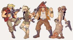 Rule 34 | 2boys, 2girls, absurdres, belt, blonde hair, boots, brown footwear, brown headwear, collarbone, dog tags, fio germi, food, fujimna, glasses, gun, hat, highres, holding, holding gun, holding weapon, kasamoto eri, knife, knife in mouth, looking at viewer, marco rossi, metal slug, midriff peek, mouth hold, multiple boys, multiple girls, open mouth, parted bangs, pizza, pizza box, red hair, round eyewear, short hair, short ponytail, short sleeves, sleeveless, smile, snk, sunglasses, tarma roving, teeth, tired, upper teeth only, weapon