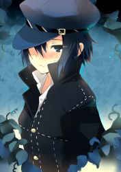 Rule 34 | 1girl, androgynous, atlus, blue eyes, blue hair, blue theme, blush, cabbie hat, face, female focus, hat, matching hair/eyes, persona, persona 4, reverse trap, shirogane naoto, solo, taira tsukune