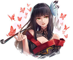 Rule 34 | 1girl, absurdres, bare shoulders, bat hair ornament, black collar, black hair, black kimono, breasts, bug, butterfly, chinese commentary, cleavage, collar, cropped torso, epiphyllum, eyeshadow, final fantasy, final fantasy xiv, flower, hair flower, hair ornament, hair stick, hand up, highres, holding, holding smoking pipe, hyur, insect, japanese clothes, kimono, kiseru, lace collar, long hair, looking at viewer, makeup, medium breasts, mole, mole under mouth, off shoulder, parted lips, portrait, red butterfly, red eyeshadow, red trim, simple background, smile, smoking pipe, solo, ver-aero, white background, yellow eyes, yotsuyu goe brutus